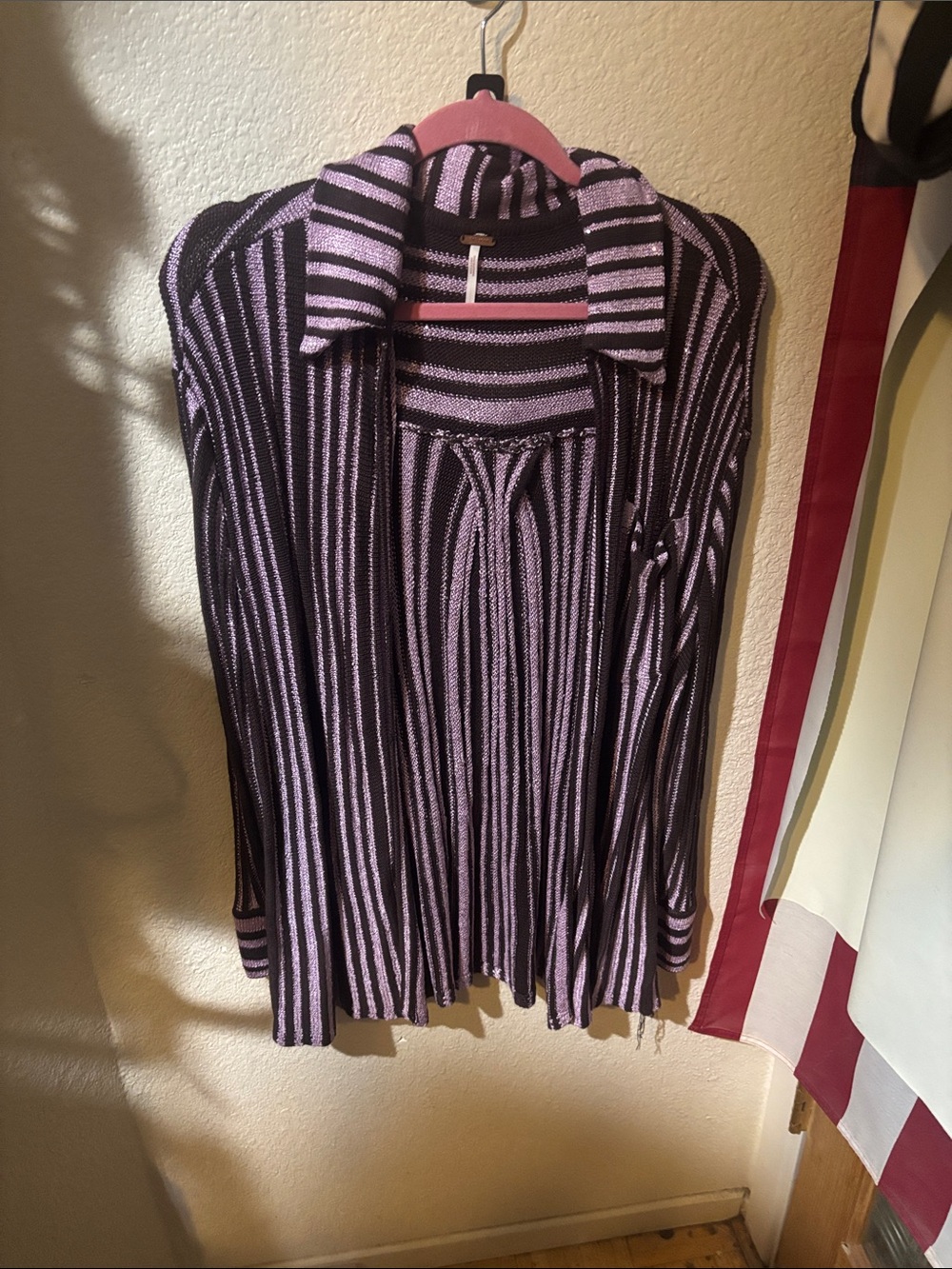 Free People Black and Lavender Striped Knit Cardigan